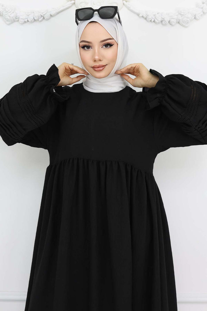 BNG Women Nervür Detaylı Tesettür Elbise Siyah 2207 - Lakeland