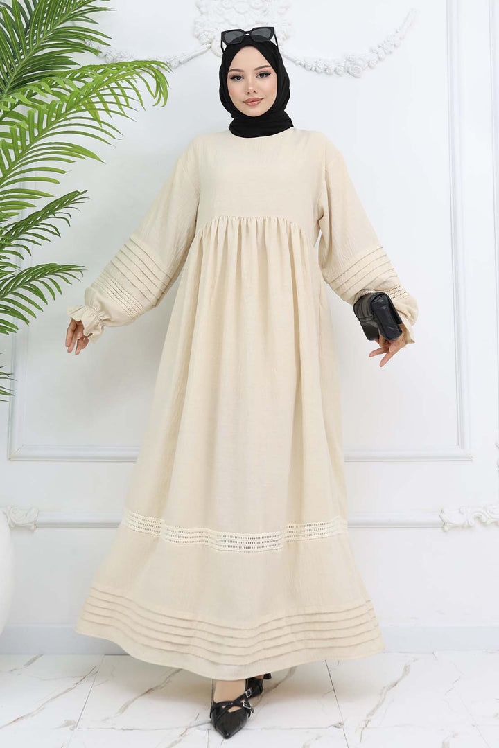 BNG Women Nervür Detaylı Tesettür Elbise Taş Rengi 2207 - El Monte