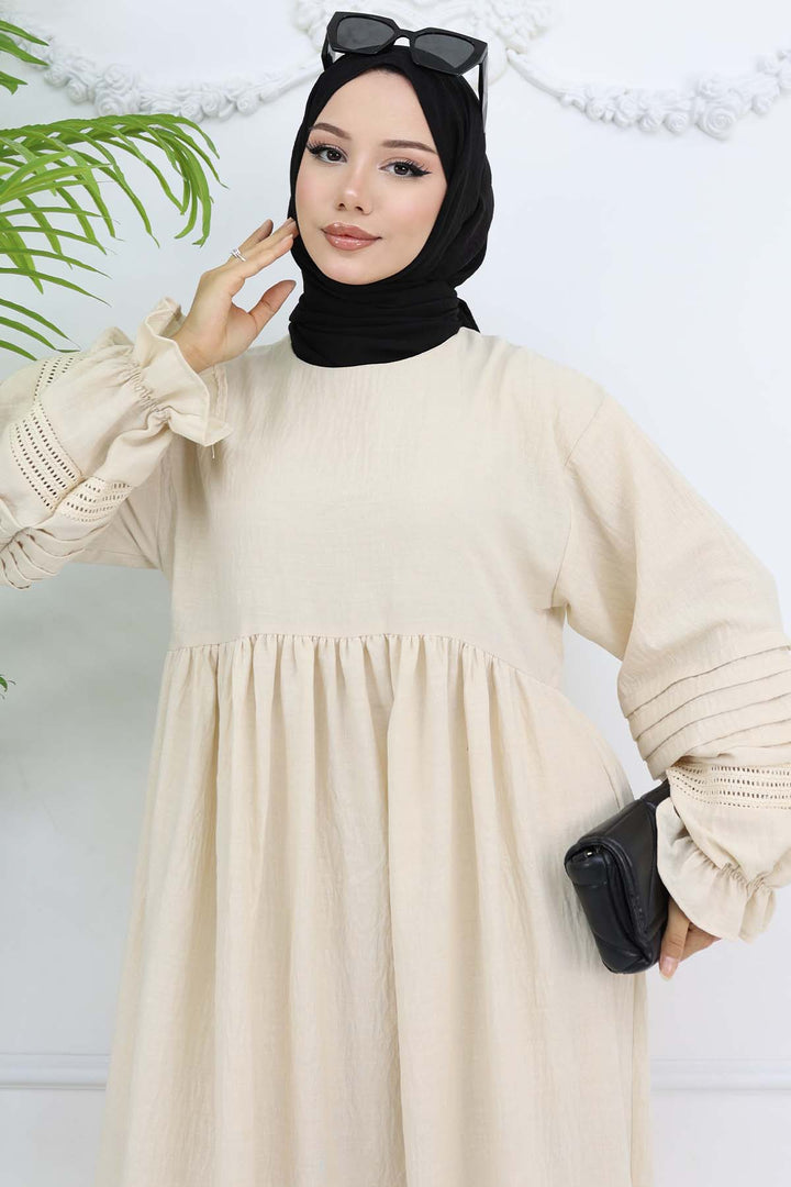 BNG Women Nervür Detaylı Tesettür Elbise Taş Rengi 2207 - El Monte