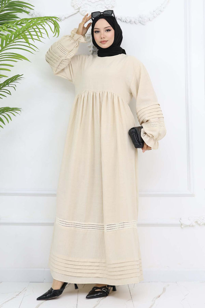 BNG Women Nervür Detaylı Tesettür Elbise Taş Rengi 2207 - El Monte