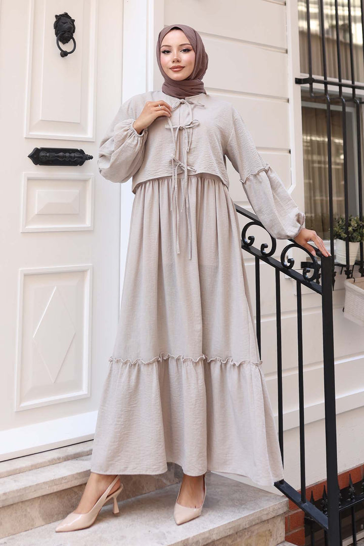 BNG Women Fiyonk Detaylı Elbise Takım Bej 2271 - Farnborough