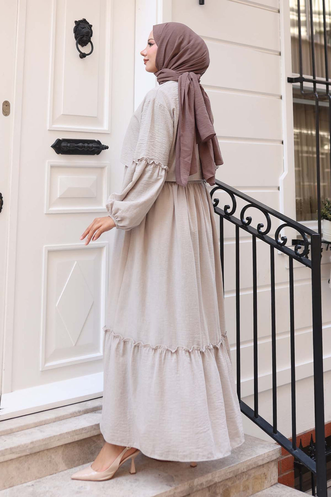 BNG Women Fiyonk Detaylı Elbise Takım Bej 2271 - Farnborough