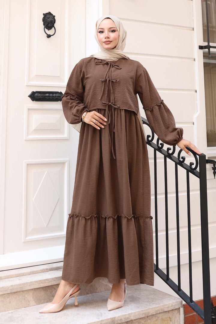 BNG Women Fiyonk Detaylı Elbise Takım Kahverengi 2271 - Blainville