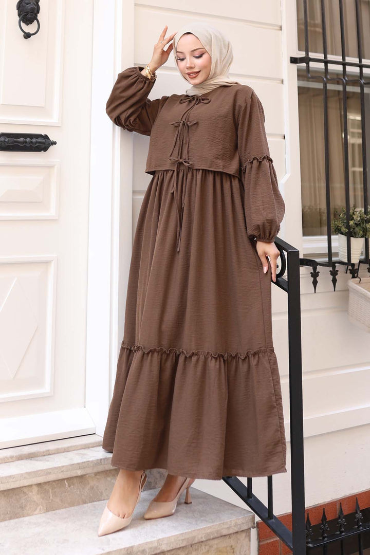 BNG Women Fiyonk Detaylı Elbise Takım Kahverengi 2271 - Blainville