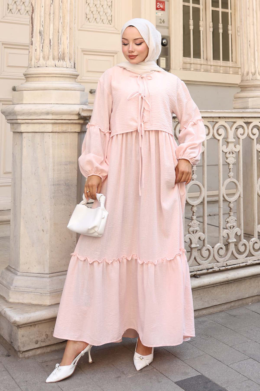 BNG Women Fiyonk Detaylı Elbise Takım Pudra 2271 - Haverstraw