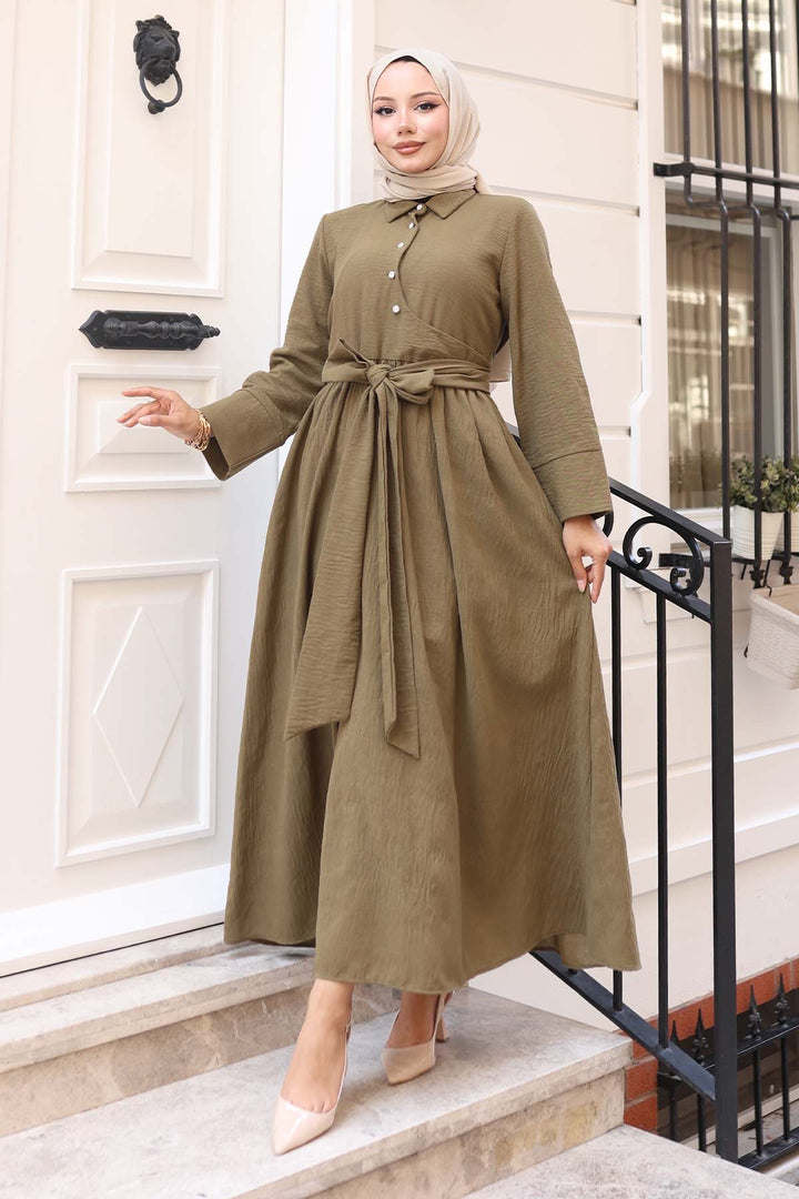 BNG Women Waist-Tied Hijab Dress Khaki 2304 - Tomar