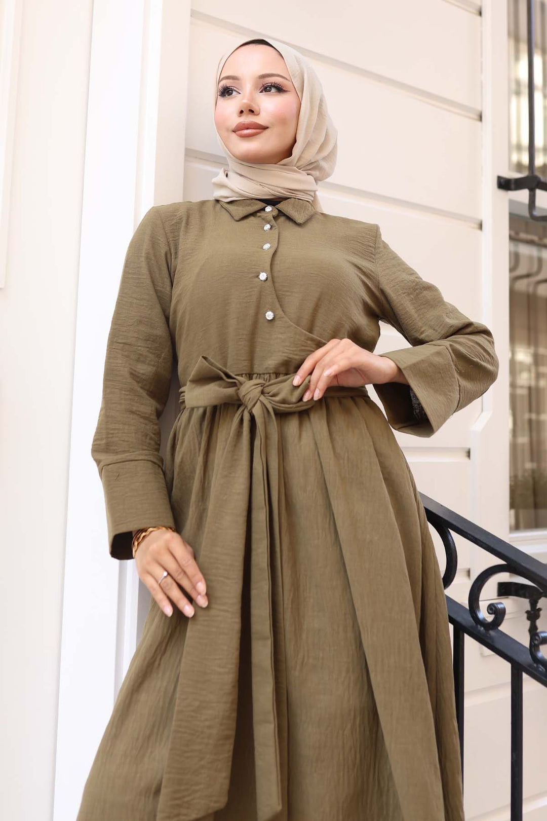 BNG Women Waist-Tied Hijab Dress Khaki 2304 - Tomar