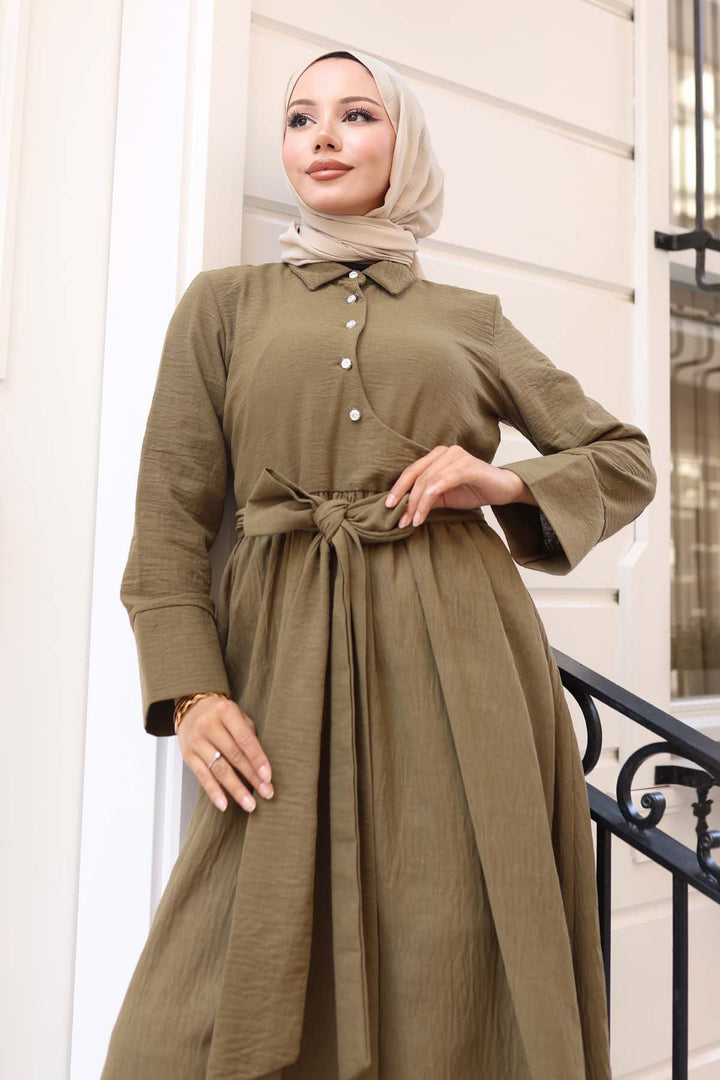 BNG Women Waist-Tied Hijab Dress Khaki 2304 - Tomar