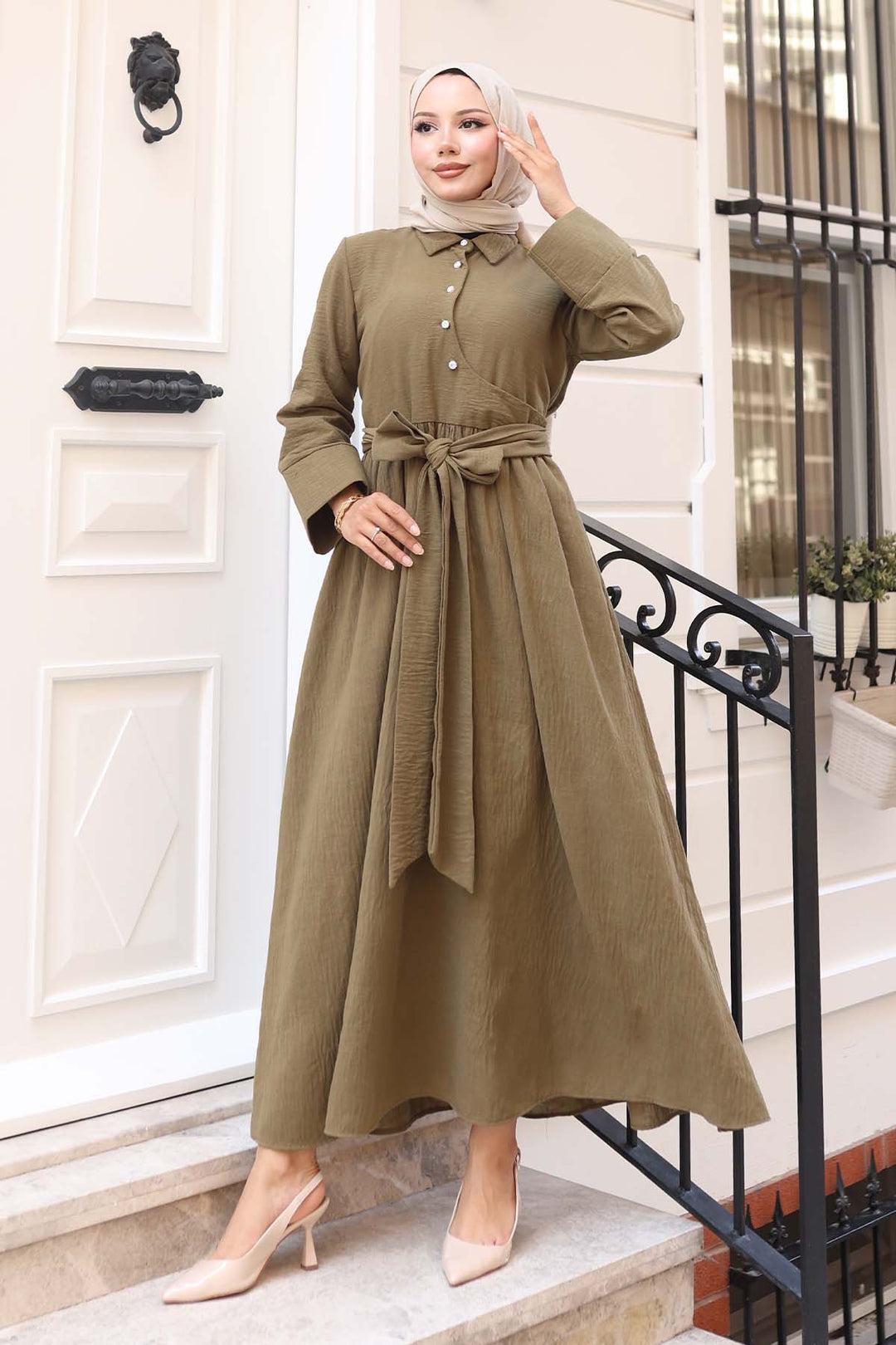 BNG Women Waist-Tied Hijab Dress Khaki 2304 - Tomar