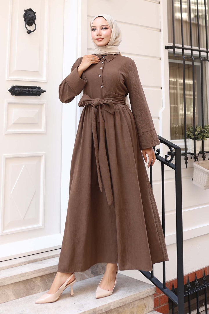BNG Women Belted Modest Dress Brown 2304 - Ampelókipoi