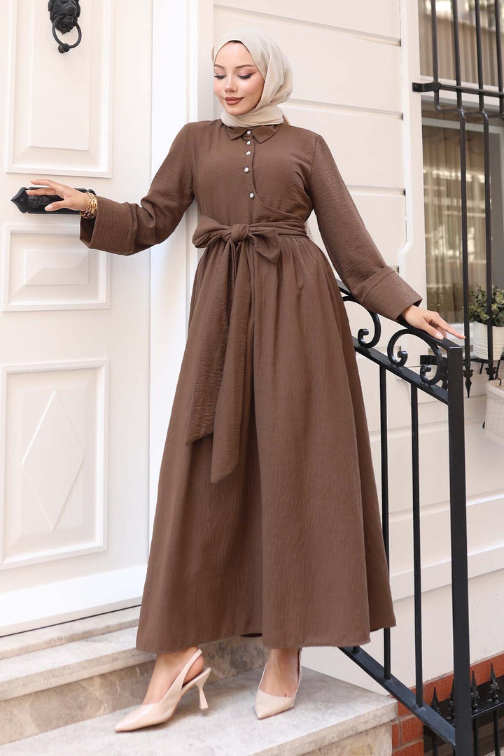 BNG Women Belted Modest Dress Brown 2304 - Ampelókipoi