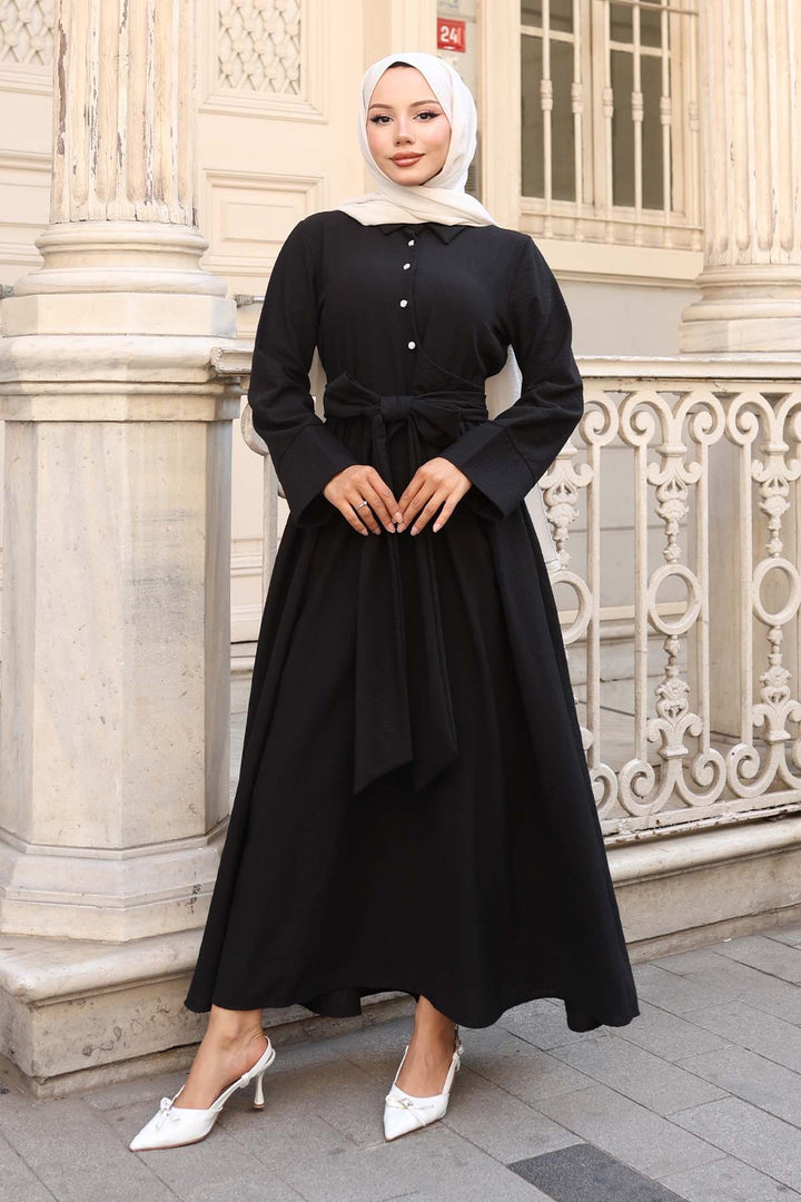 BNG Women Waist-Tied Hijab Dress Black 2304 - Nettetal