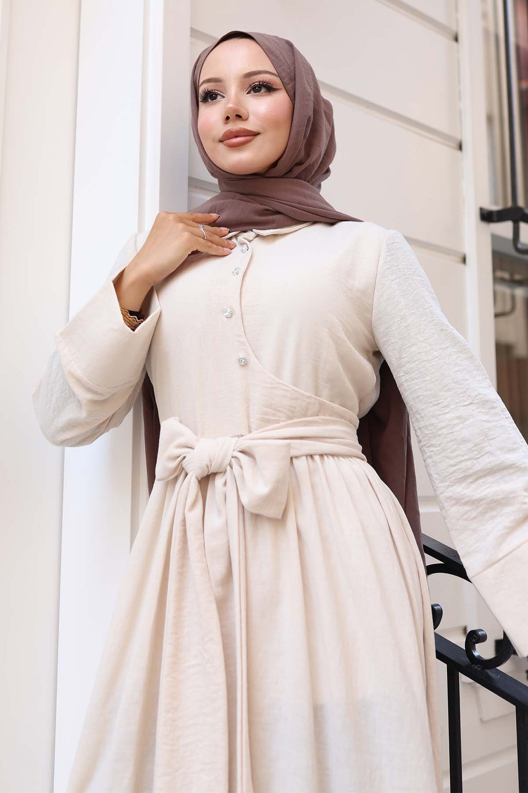 BNG Women Tie-Waist Modest Dress Stone Color 2304 - Novara