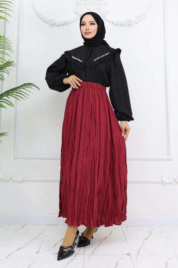 BNG Women Elastic Waist Pleated Skirt Burgundy 3435 - Encarnación de Díaz