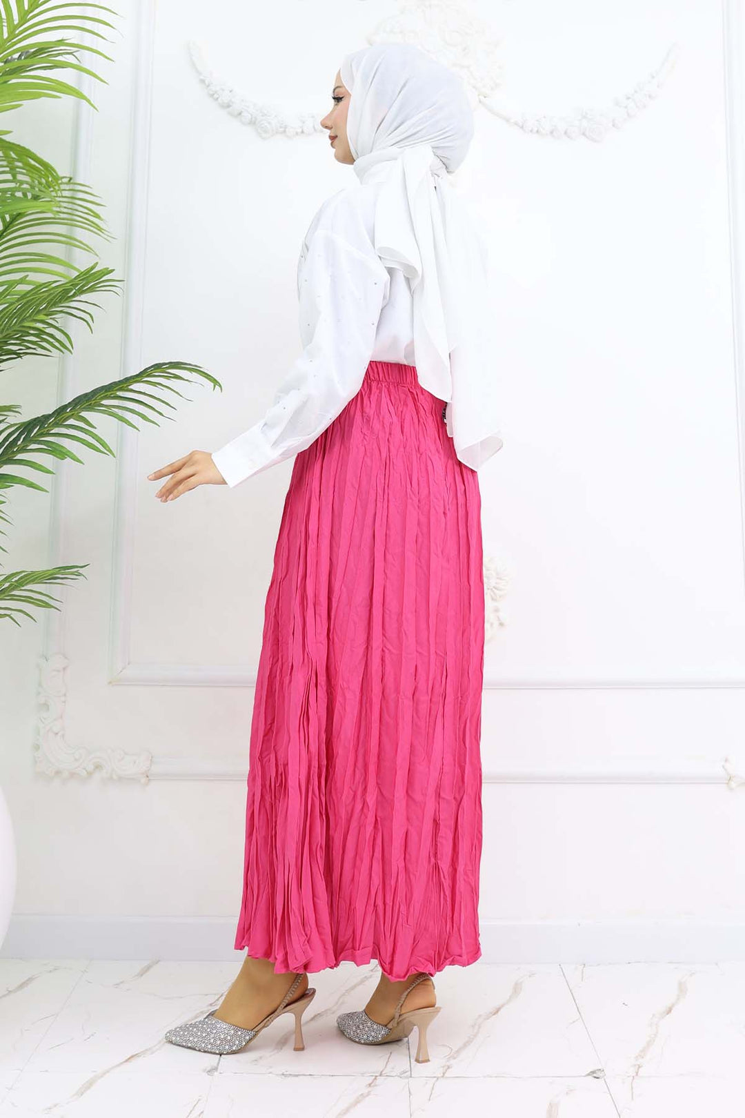 BNG Women Elastic Waist Pleated Skirt Fuchsia 3435 - Acton