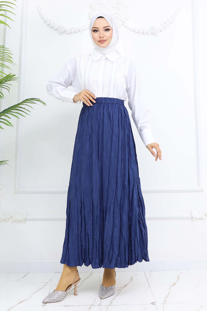 BNG Women Elastic Waist Pleated Skirt Navy Blue 3435 - Lucan