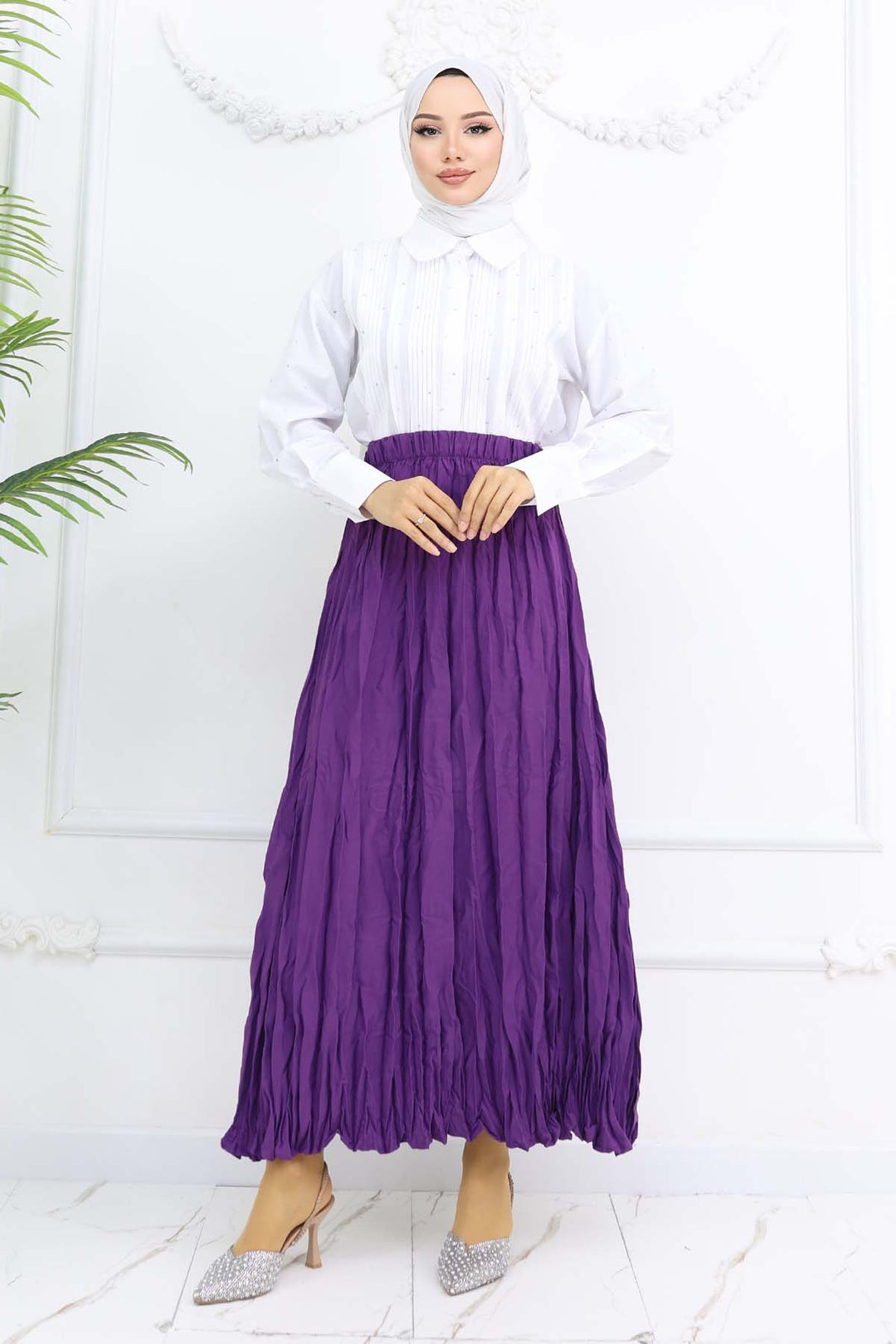 BNG Women Elastic Waist Pleated Skirt Purple 3435 - Roman