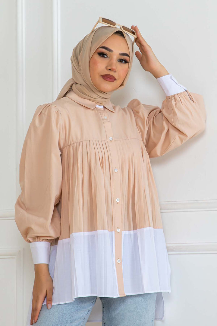 BNG Women Pileli Gömlek Bej 2131 - Brossard