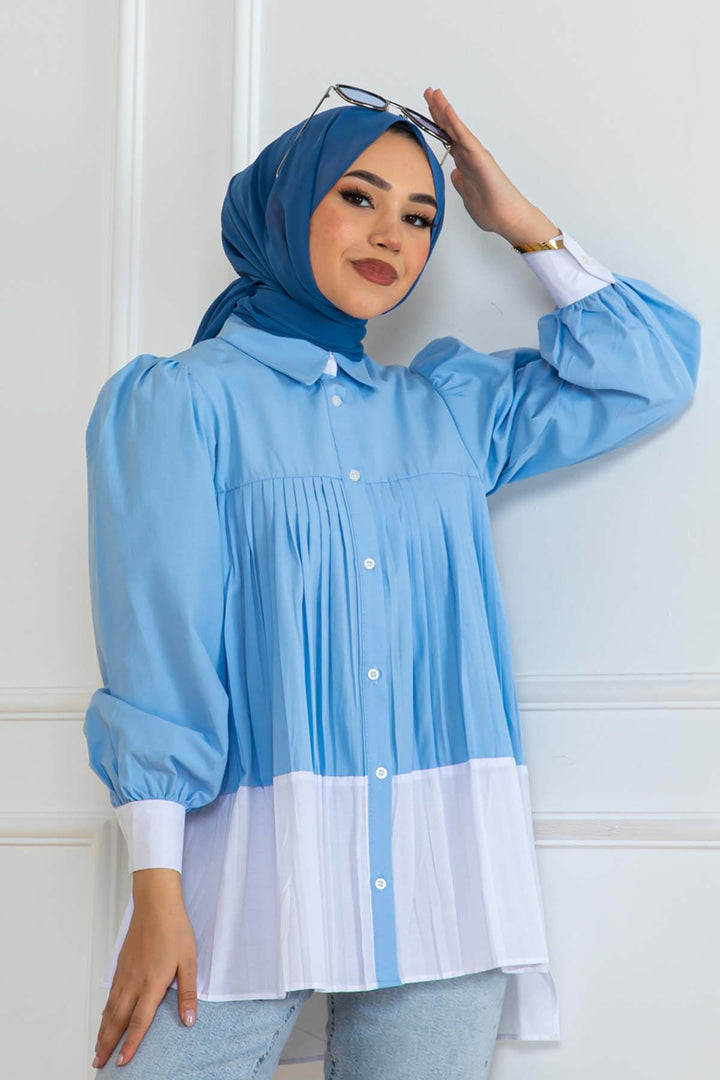 BNG Women Pileli Gömlek Mavi 2131 - Evans