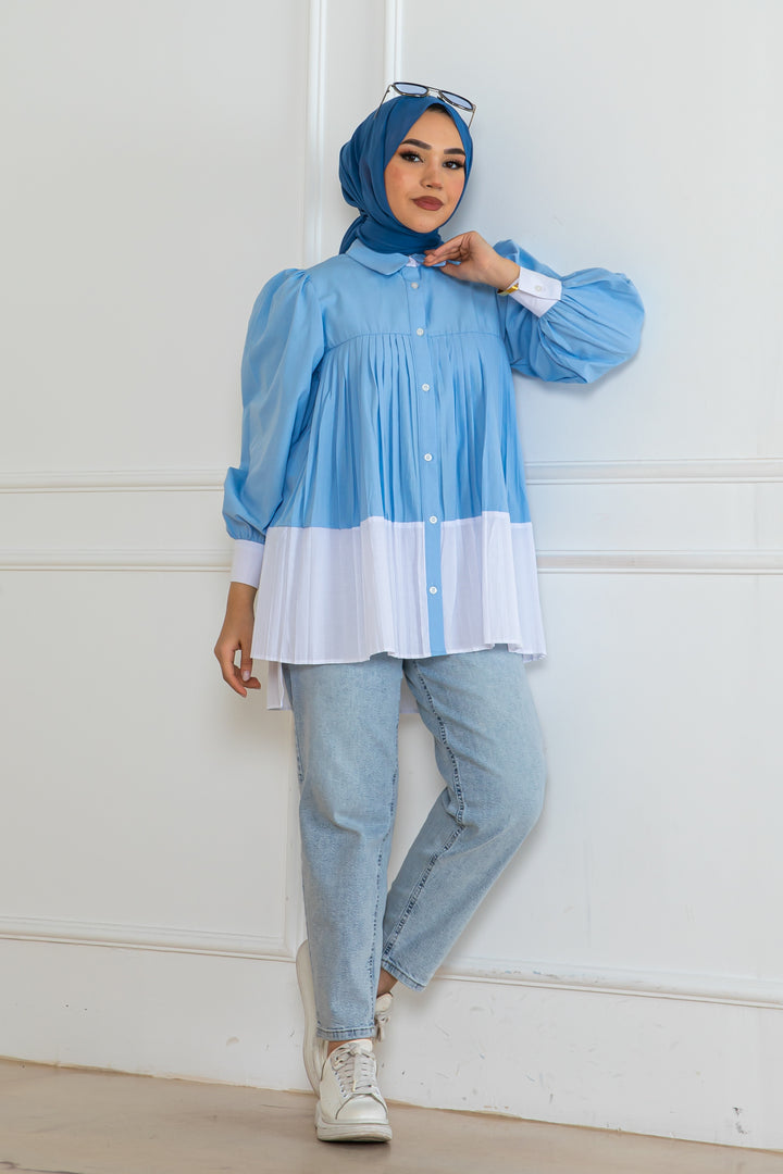 BNG Women Pileli Gömlek Mavi 2131 - Evans