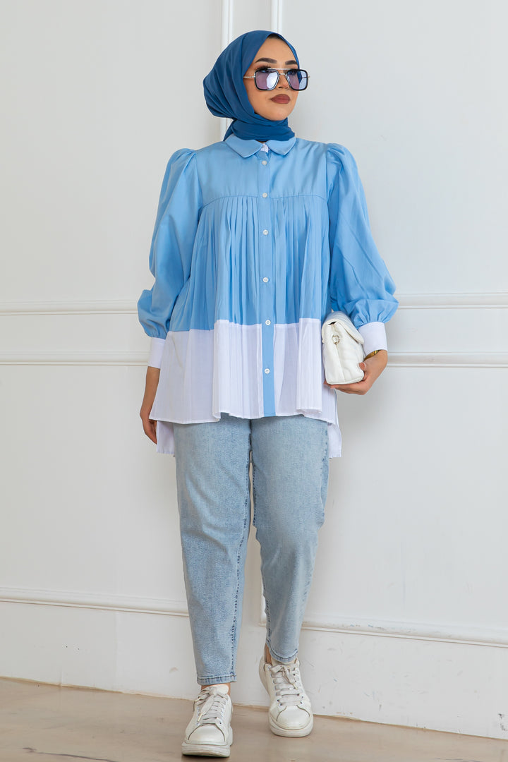 BNG Women Pileli Gömlek Mavi 2131 - Evans