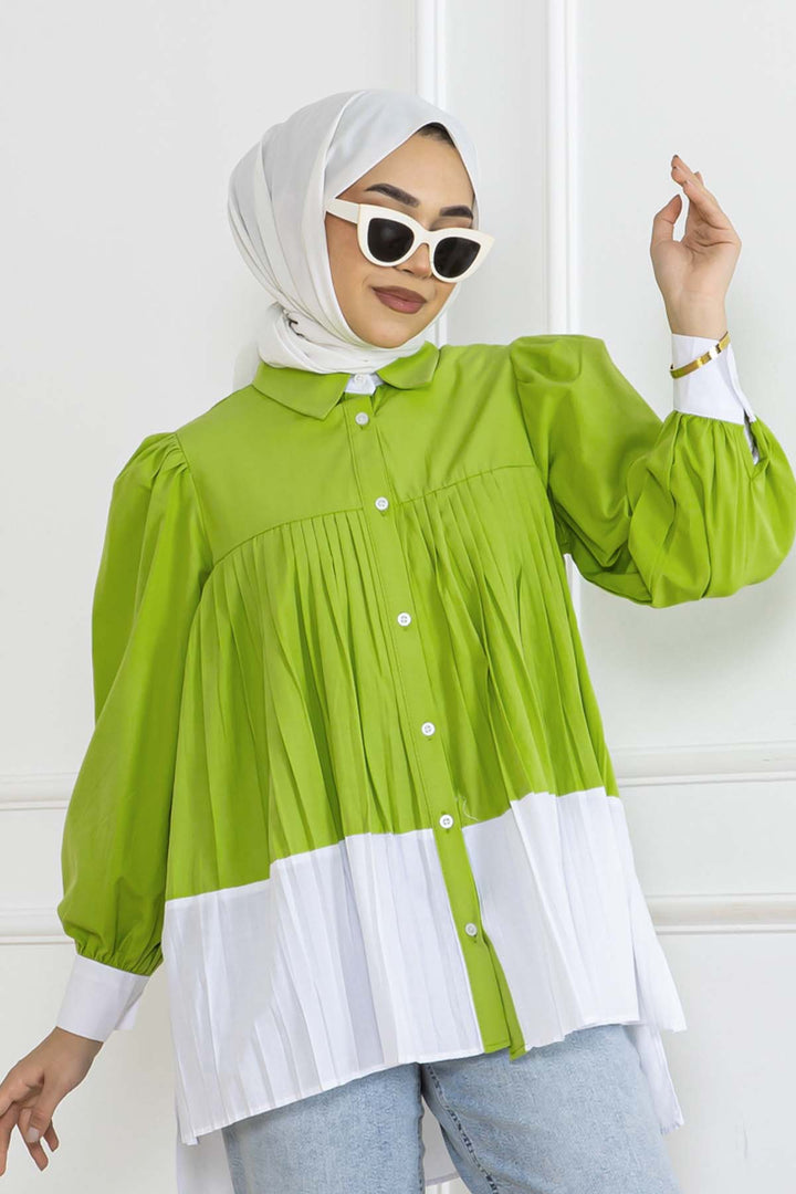 BNG Women Pileli Gömlek Yağ Yeşili 2131 - Laatzen