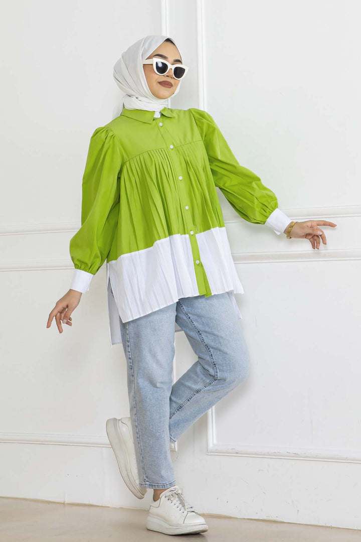 BNG Women Pileli Gömlek Yağ Yeşili 2131 - Laatzen