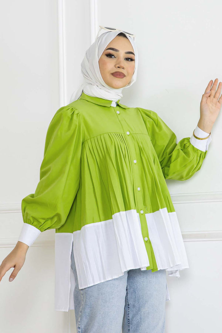 BNG Women Pileli Gömlek Yağ Yeşili 2131 - Laatzen