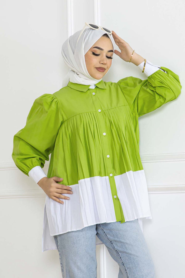 BNG Women Pileli Gömlek Yağ Yeşili 2131 - Laatzen