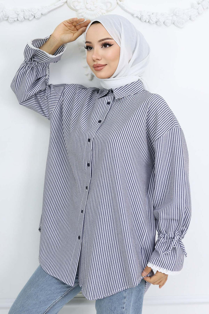 BNG Women Kolları Fisto Detaylı Çizgili Gömlek Lacivert 2226 - DeSoto