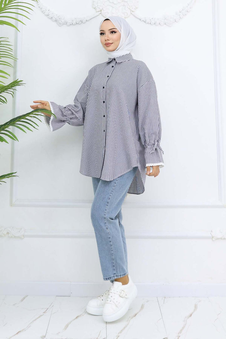 BNG Women Kolları Fisto Detaylı Çizgili Gömlek Lacivert 2226 - DeSoto
