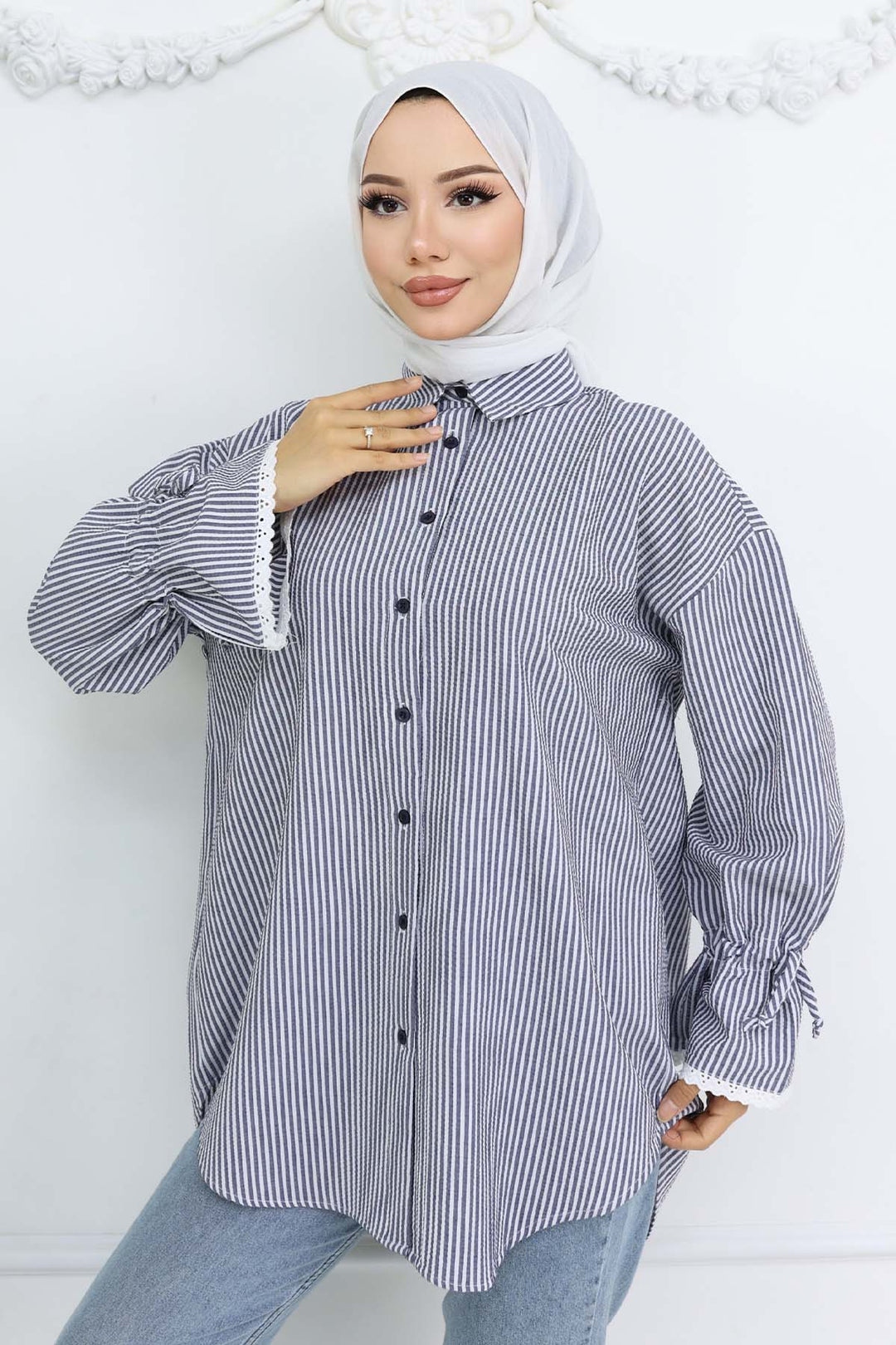 BNG Women Kolları Fisto Detaylı Çizgili Gömlek Lacivert 2226 - DeSoto