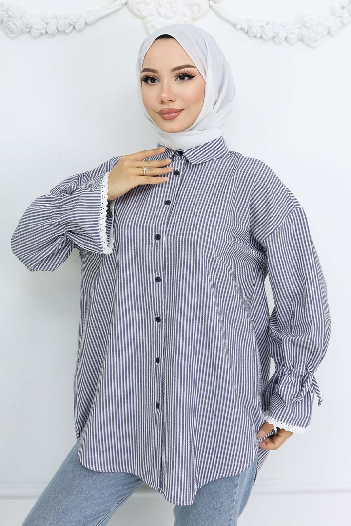 BNG Women Kolları Fisto Detaylı Çizgili Gömlek Lacivert 2226 - DeSoto