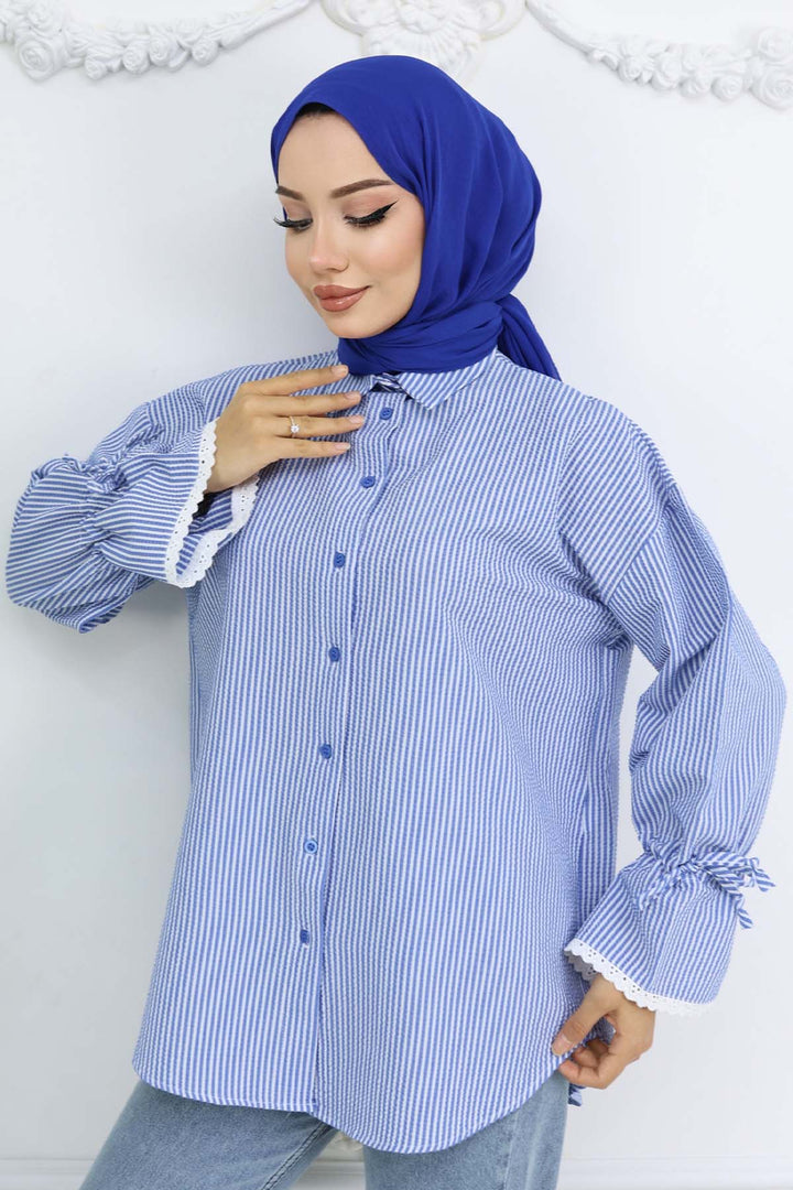 BNG Women Kolları Fisto Detaylı Çizgili Gömlek 2226 Saks Mavisi - Ciudad del Carmen