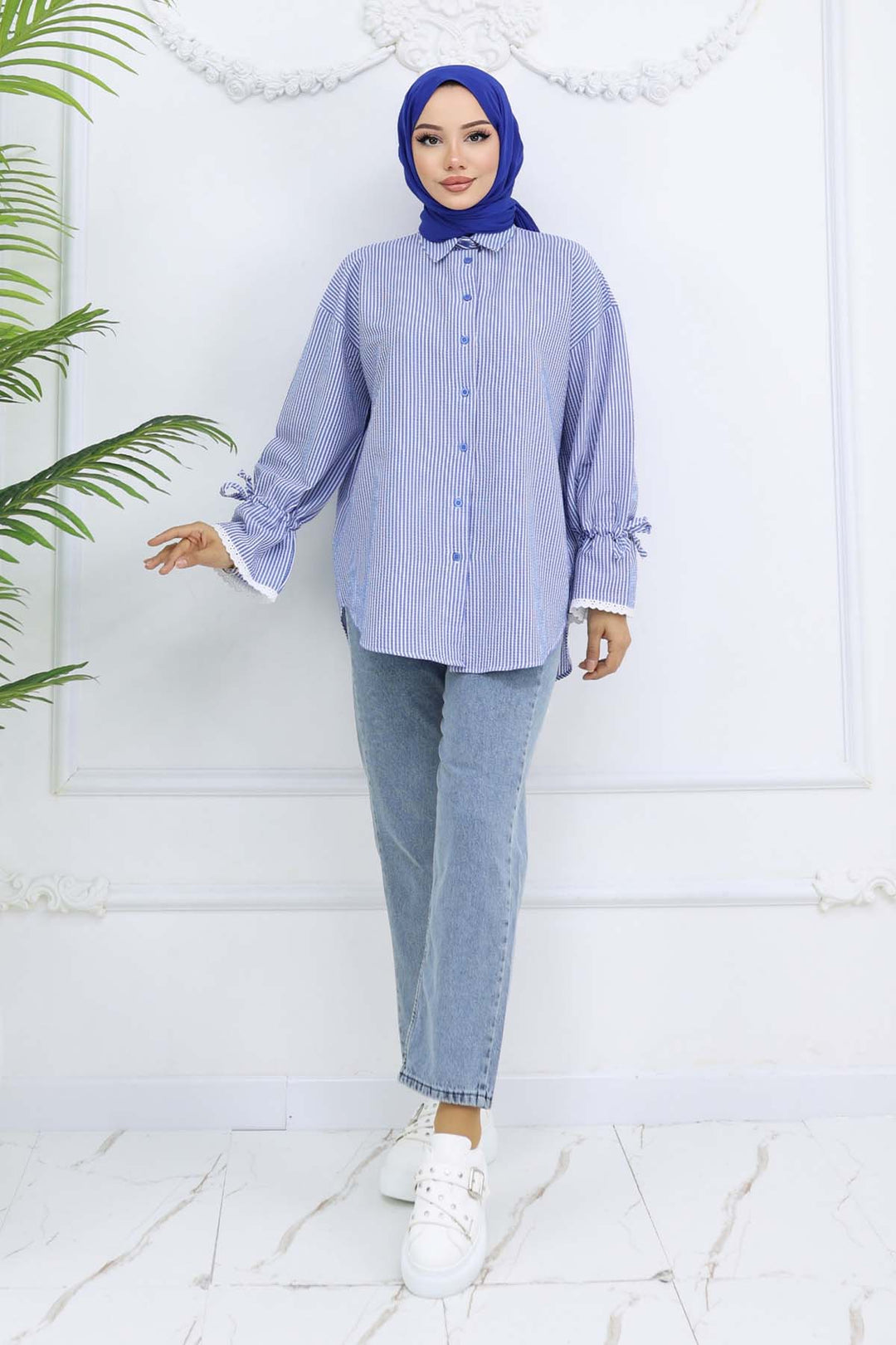 BNG Women Kolları Fisto Detaylı Çizgili Gömlek 2226 Saks Mavisi - Ciudad del Carmen