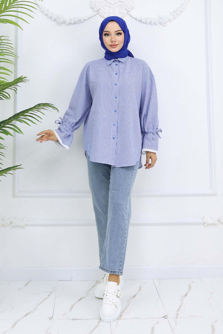 BNG Women Kolları Fisto Detaylı Çizgili Gömlek 2226 Saks Mavisi - Ciudad del Carmen