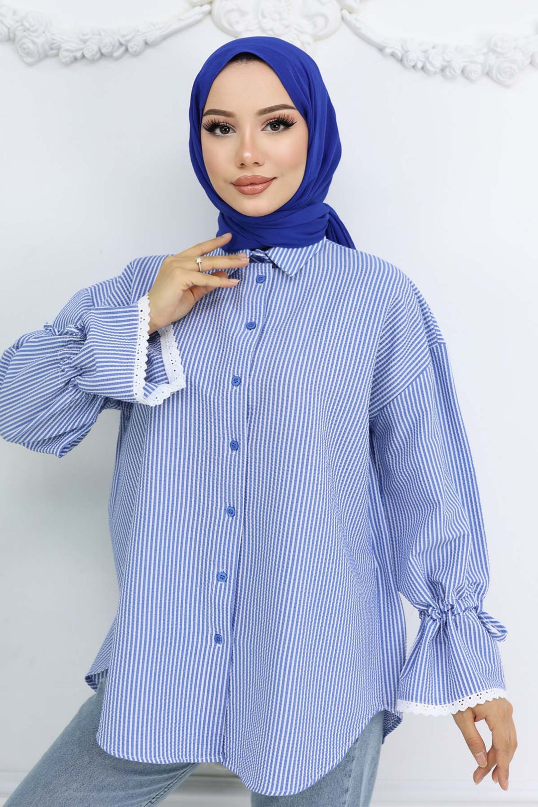 BNG Women Kolları Fisto Detaylı Çizgili Gömlek 2226 Saks Mavisi - Ciudad del Carmen