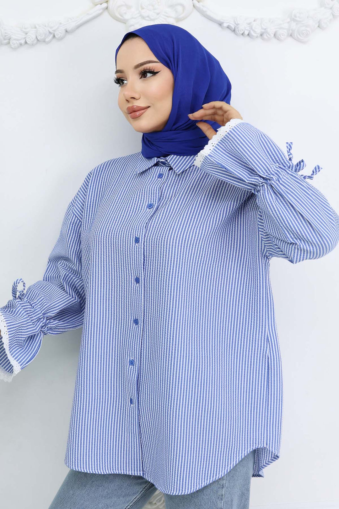 BNG Women Kolları Fisto Detaylı Çizgili Gömlek 2226 Saks Mavisi - Ciudad del Carmen