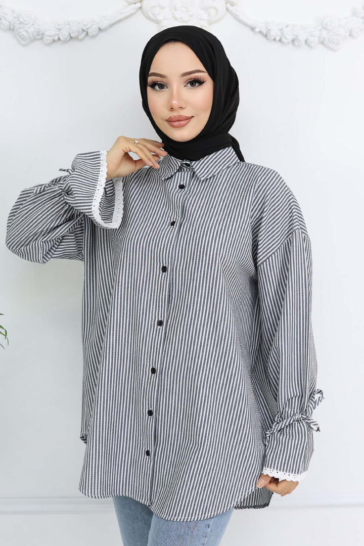 BNG Women Kolları Fisto Detaylı Çizgili Gömlek Siyah 2226 - Merksem