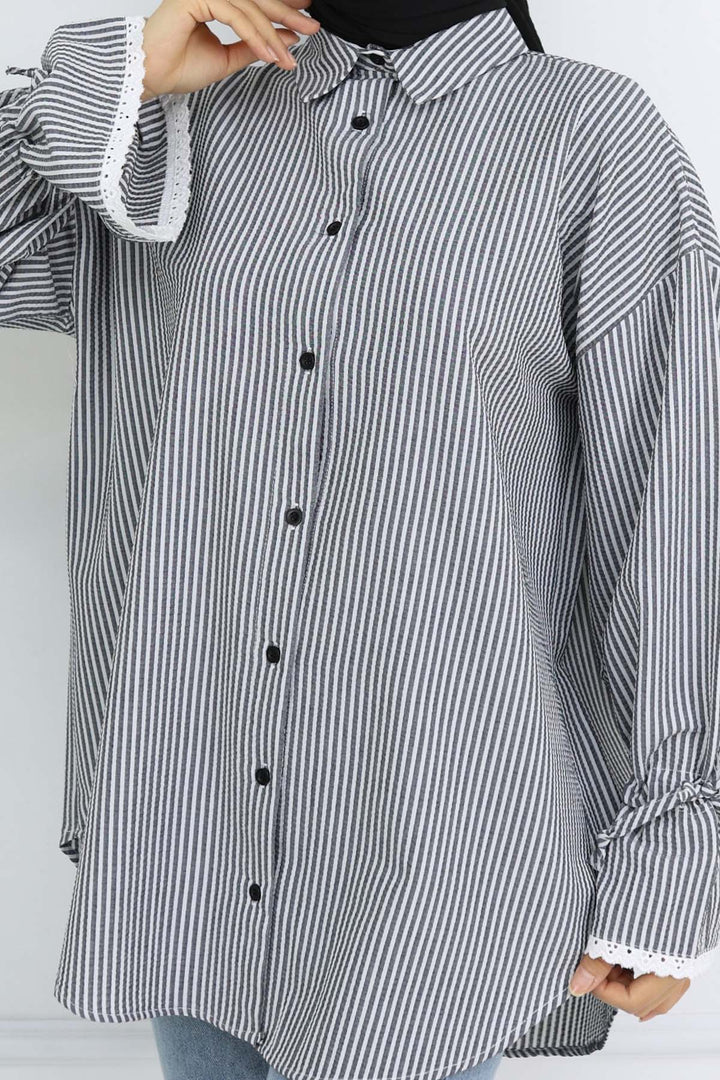 BNG Women Kolları Fisto Detaylı Çizgili Gömlek Siyah 2226 - Merksem