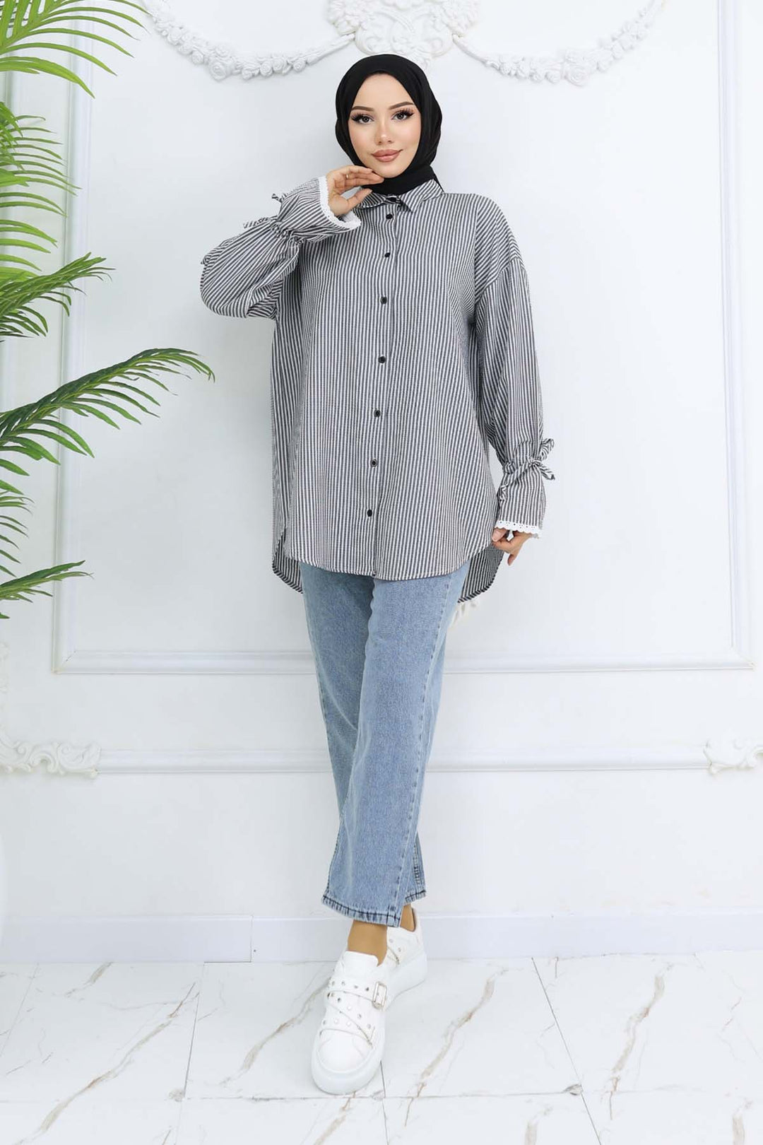 BNG Women Kolları Fisto Detaylı Çizgili Gömlek Siyah 2226 - Merksem