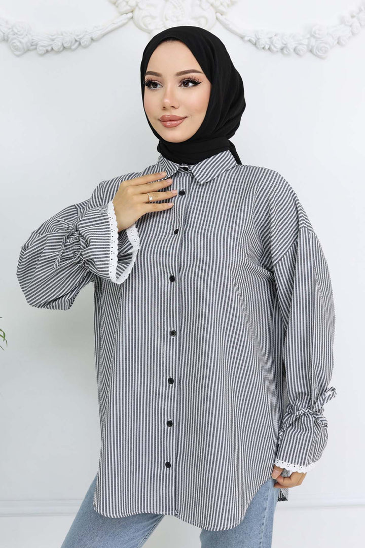 BNG Women Kolları Fisto Detaylı Çizgili Gömlek Siyah 2226 - Merksem