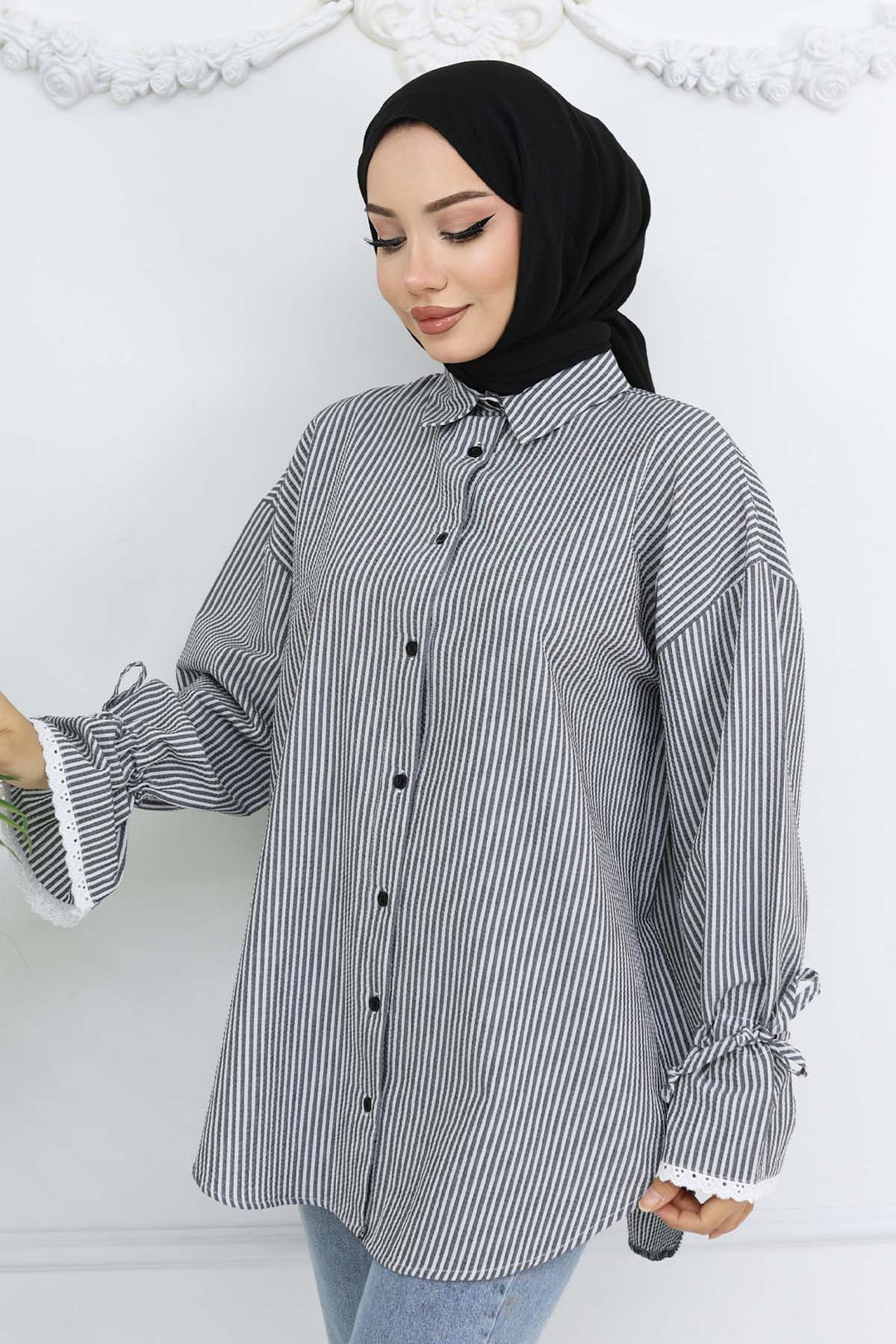BNG Women Kolları Fisto Detaylı Çizgili Gömlek Siyah 2226 - Merksem