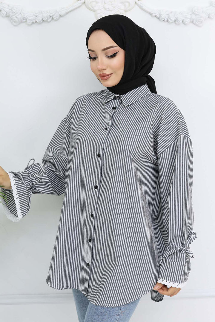 BNG Women Kolları Fisto Detaylı Çizgili Gömlek Siyah 2226 - Merksem