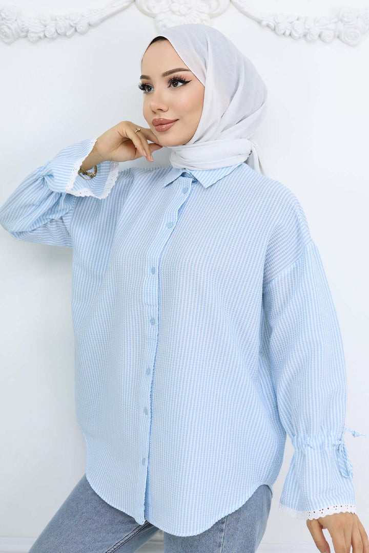 BNG Women Kolları Fisto Detaylı Çizgili Gömlek Turkuaz 2226 - Davie