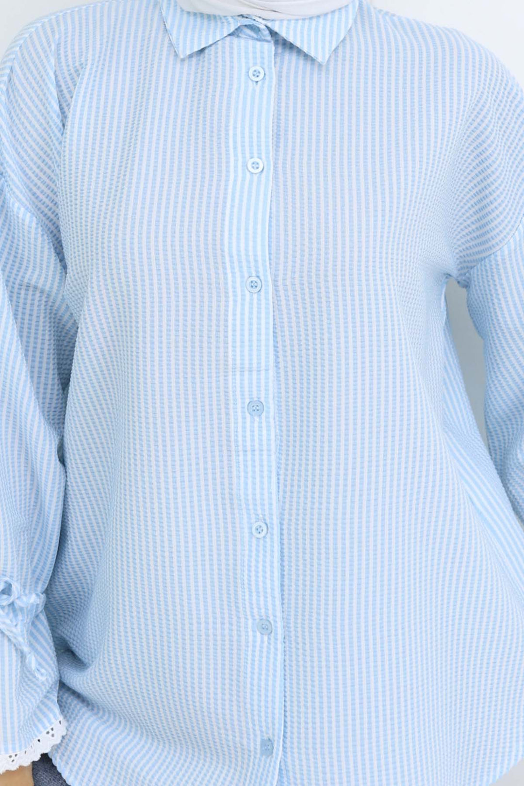 BNG Women Kolları Fisto Detaylı Çizgili Gömlek Turkuaz 2226 - Davie