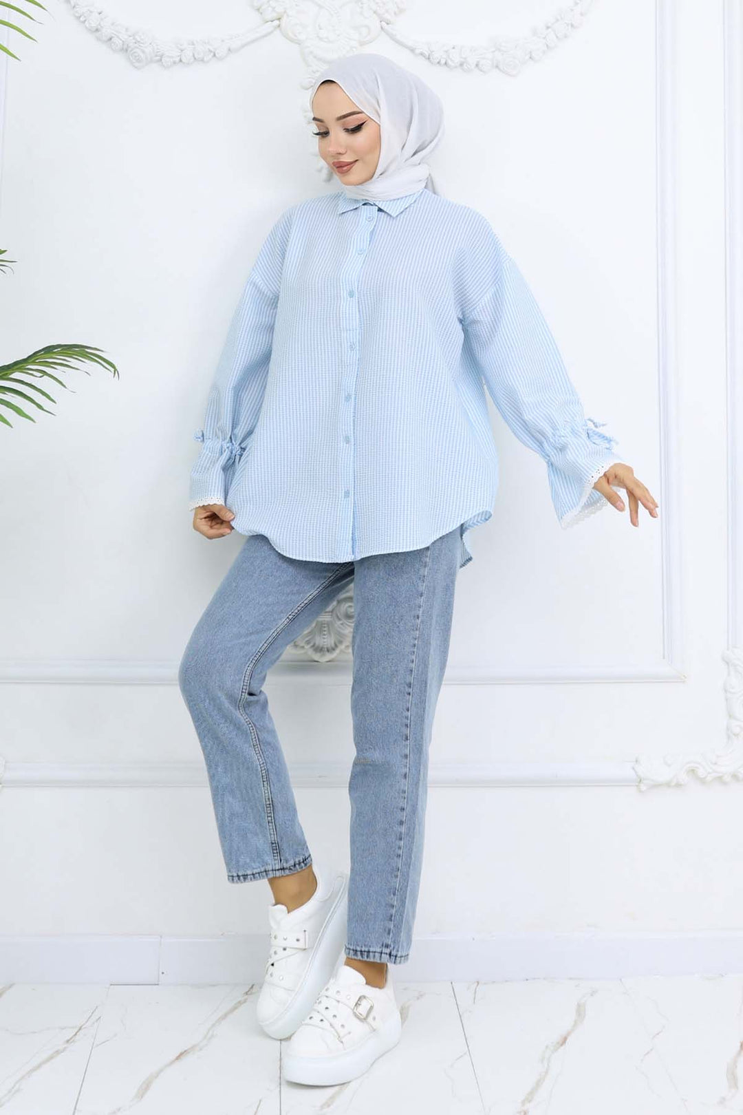 BNG Women Kolları Fisto Detaylı Çizgili Gömlek Turkuaz 2226 - Davie