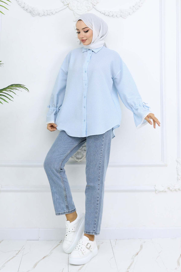 BNG Women Kolları Fisto Detaylı Çizgili Gömlek Turkuaz 2226 - Davie