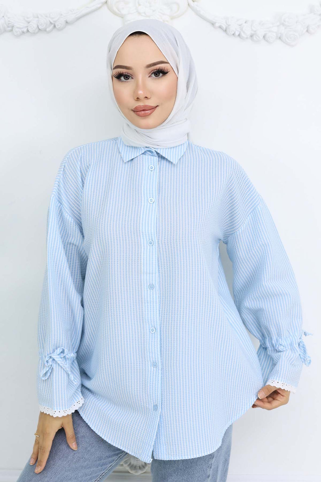 BNG Women Kolları Fisto Detaylı Çizgili Gömlek Turkuaz 2226 - Davie