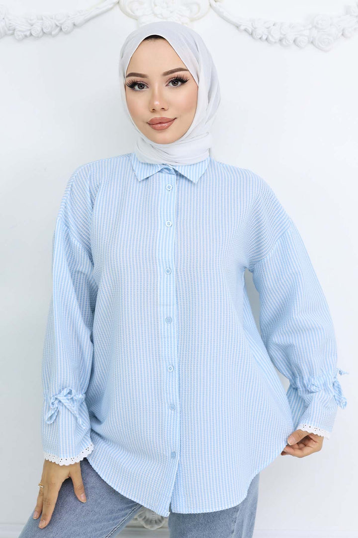 BNG Women Kolları Fisto Detaylı Çizgili Gömlek Turkuaz 2226 - Davie